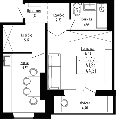 Планировка — Гранатовый, 1-комн., 42 м²