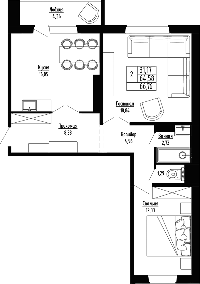 Планировка — Гранатовый, 2-комн., 65 м²