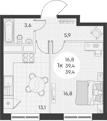 Планировка — Green Apple, 1-комн., 39 м²