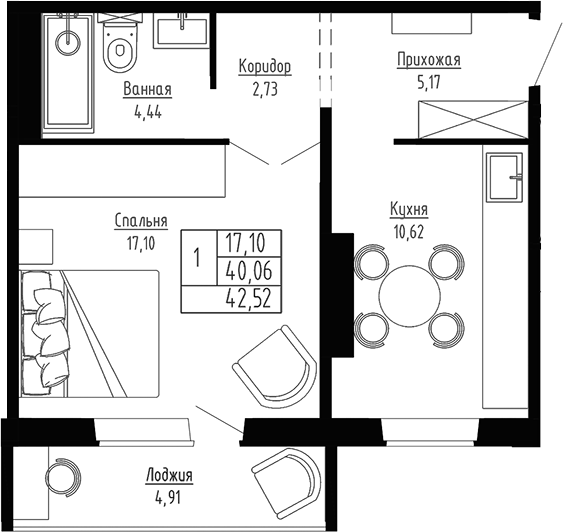 Планировка — Гранатовый, 1-комн., 40 м²