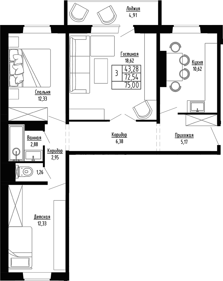 Планировка — Гранатовый, 3-комн., 73 м²
