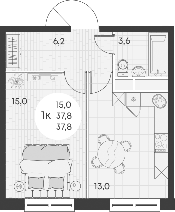 Планировка — Green Apple, 1-комн., 38 м²