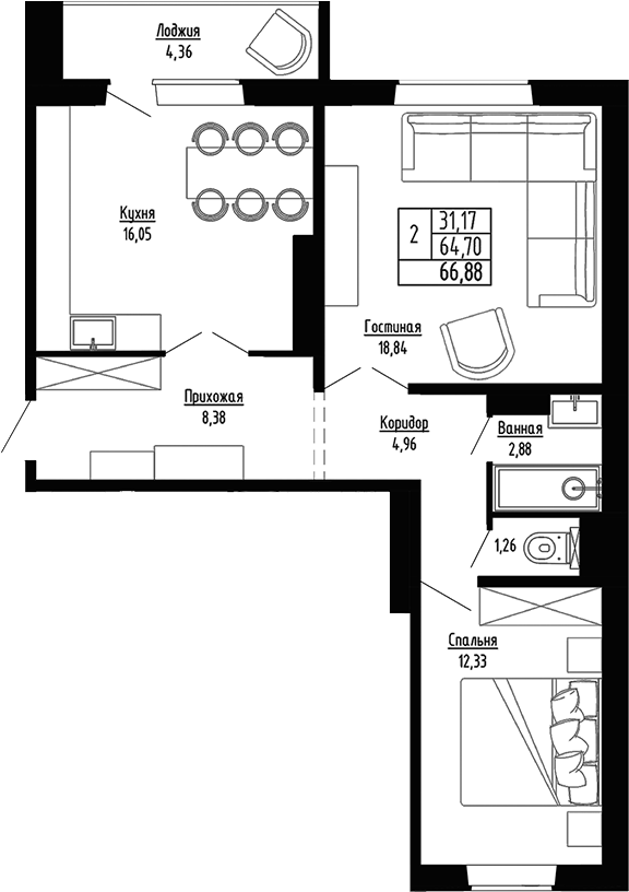 Планировка — Гранатовый, 2-комн., 65 м²
