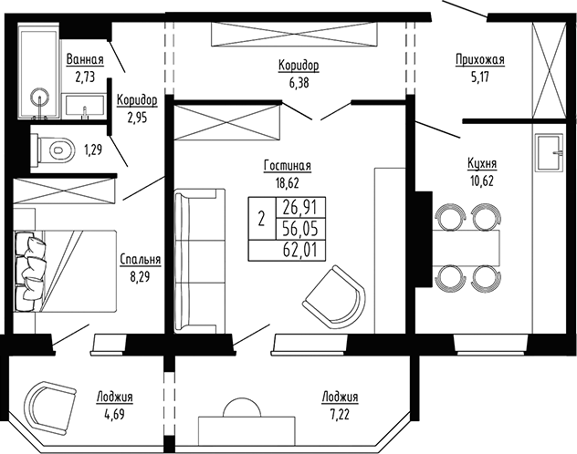 Планировка — Гранатовый, 2-комн., 56 м²