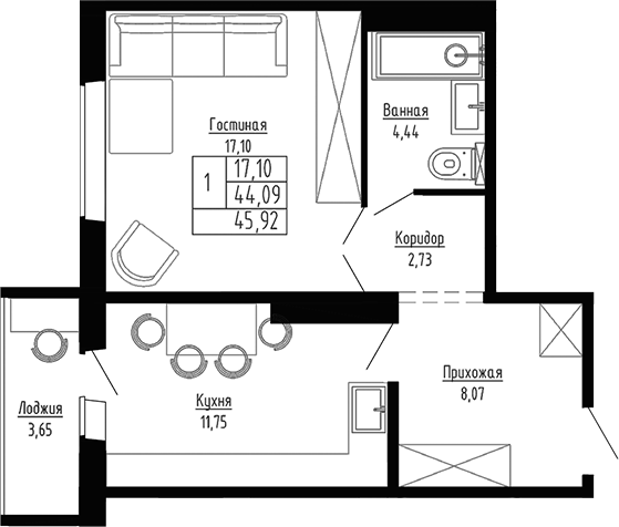 Планировка — Гранатовый, 1-комн., 44 м²