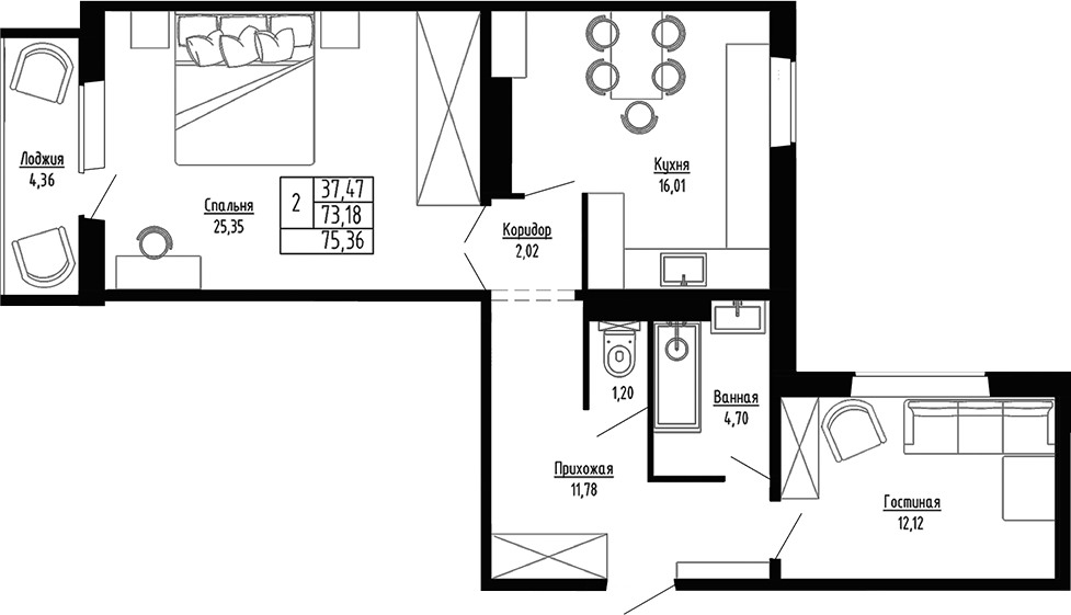 Планировка — Гранатовый, 2-комн., 73 м²