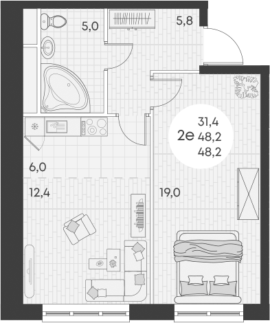 Планировка — Green Apple, 2-комн., 48 м²