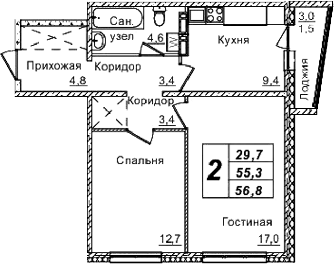 Планировка — Юность-2. Кемерово, 2-комн., 55 м²