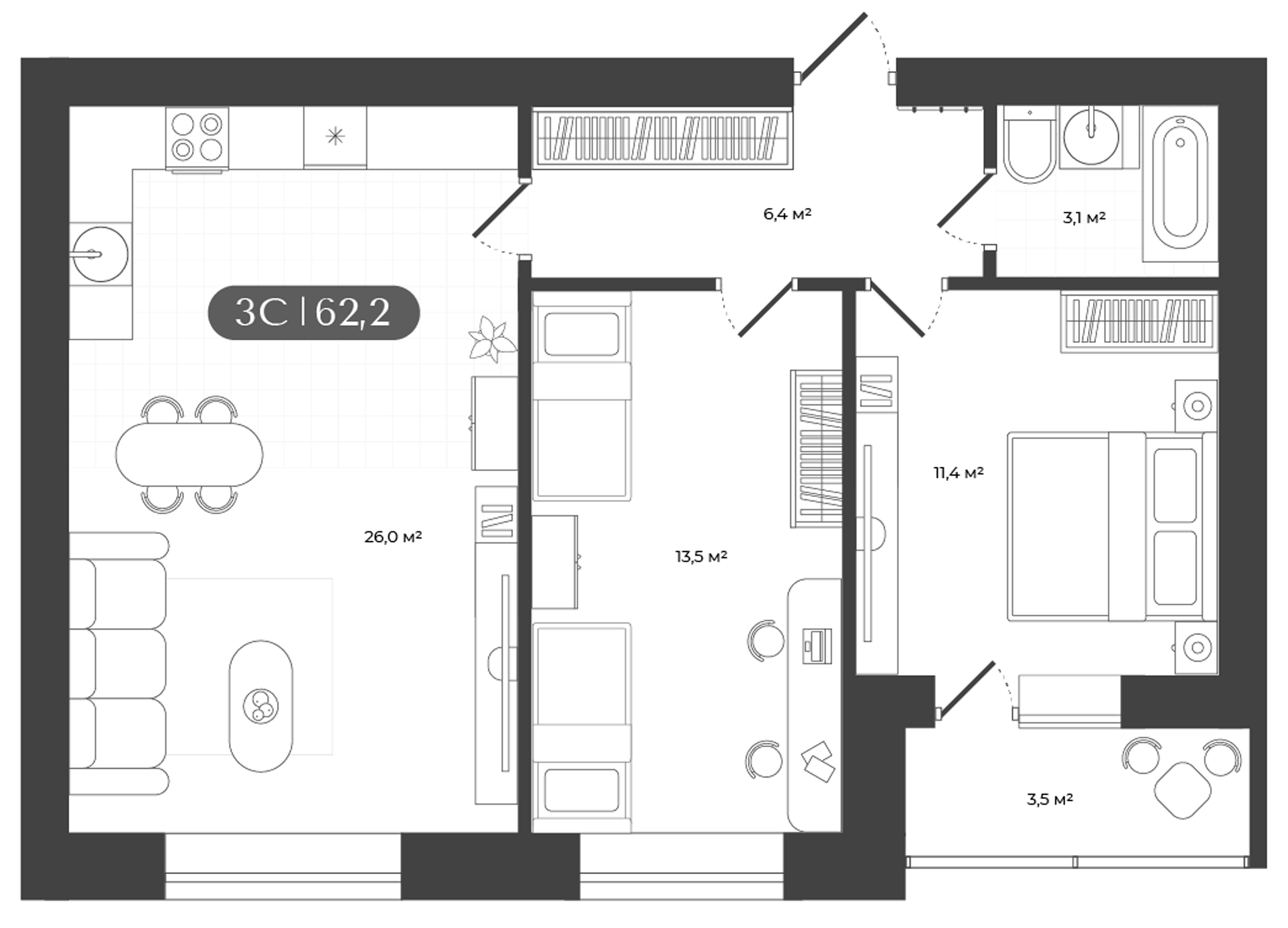 Планировка — Дивноград, 2-комн., 60 м²