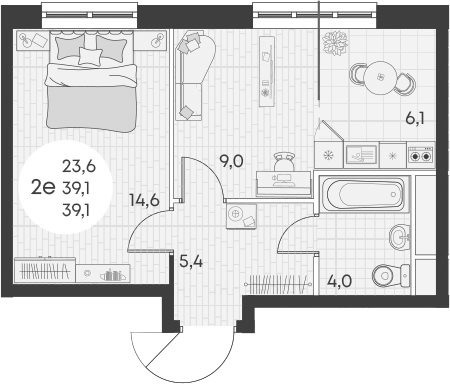 Планировка — Green Apple, 2-комн., 39 м²