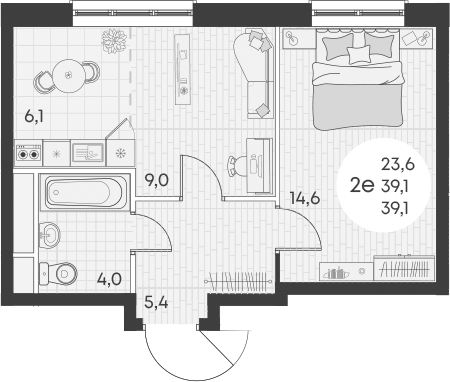 Планировка — Green Apple, 2-комн., 39 м²