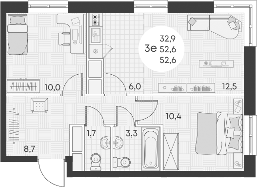 Планировка — Green Apple, 3-комн., 53 м²