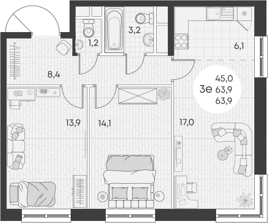 Планировка — Green Apple, 3-комн., 64 м²