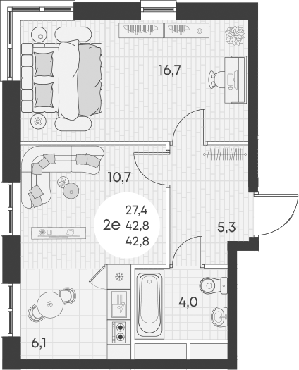 Планировка — Green Apple, 2-комн., 43 м²