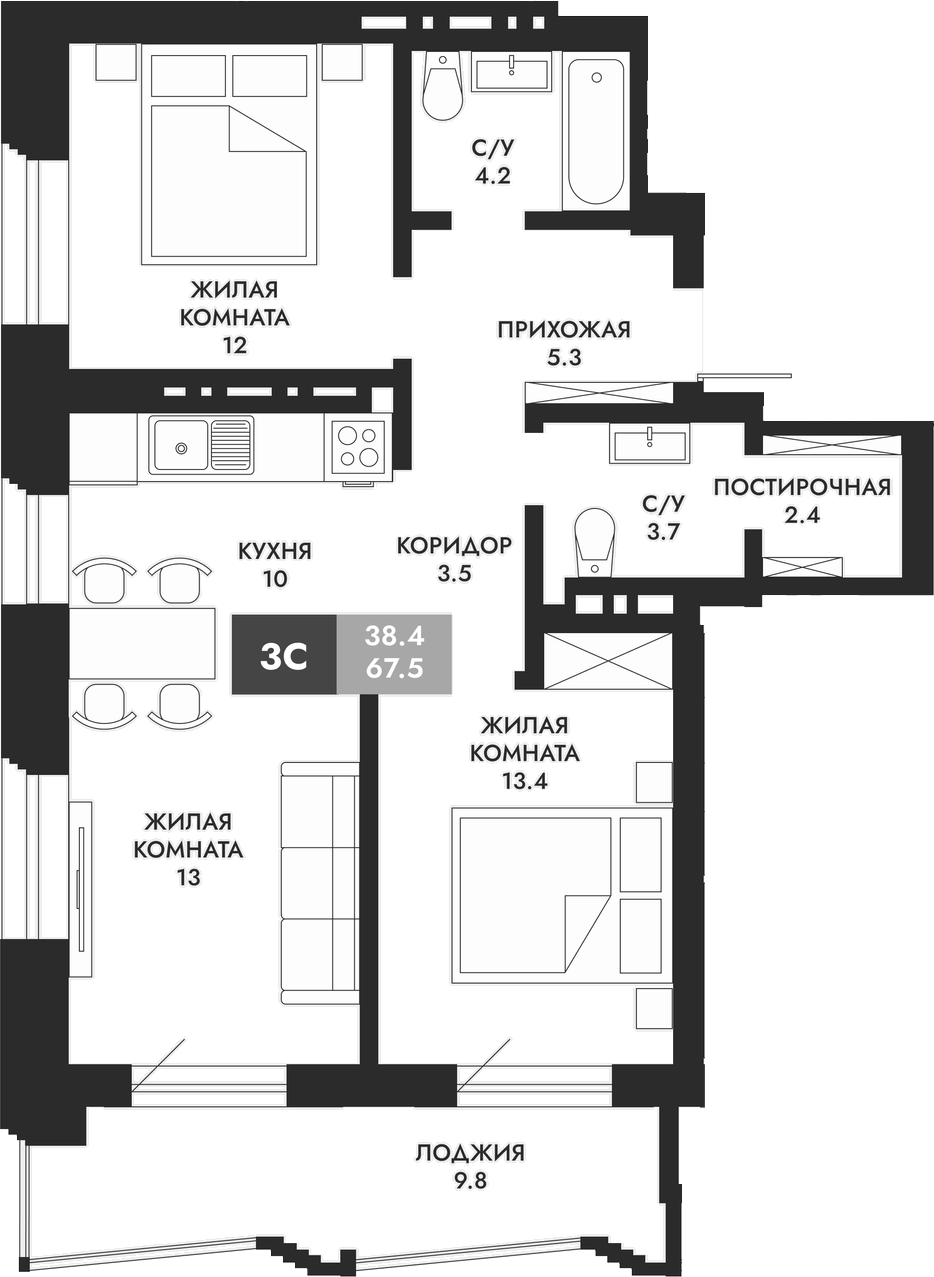 Планировка — Паскаль, 3-комн., 68 м²