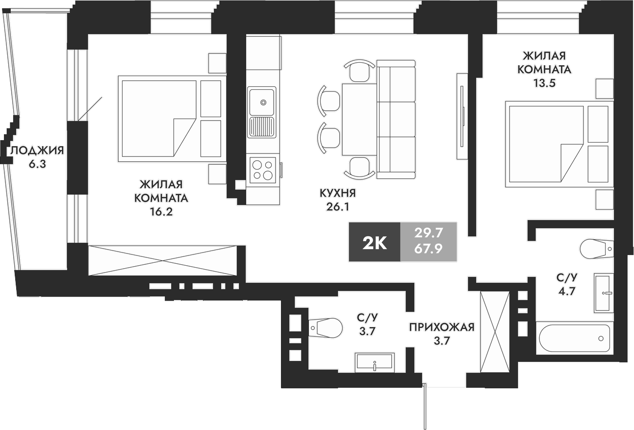 Планировка — Паскаль, 2-комн., 68 м²