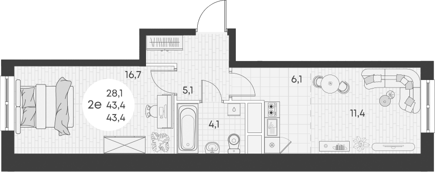 Планировка — Green Apple, 2-комн., 43 м²