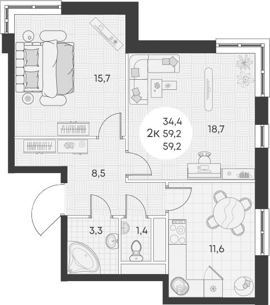 Планировка — Green Apple, 2-комн., 59 м²