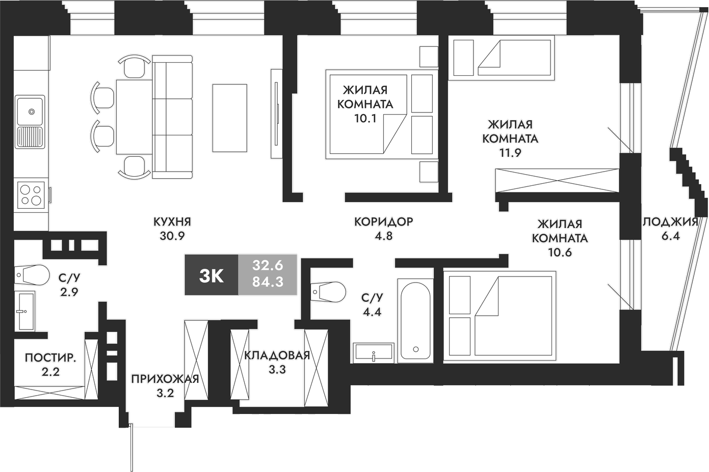Планировка — Паскаль, 3-комн., 84 м²