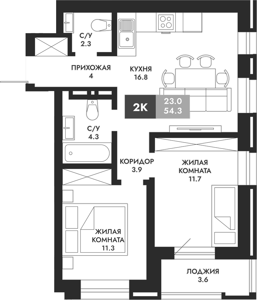 Планировка — Паскаль, 2-комн., 54 м²