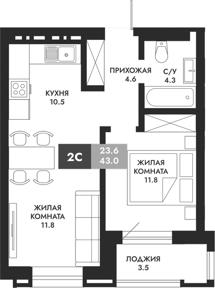 Планировка — Паскаль, 2-комн., 43 м²