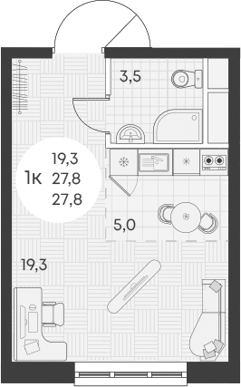 Планировка — Green Apple, Студия, 28 м²