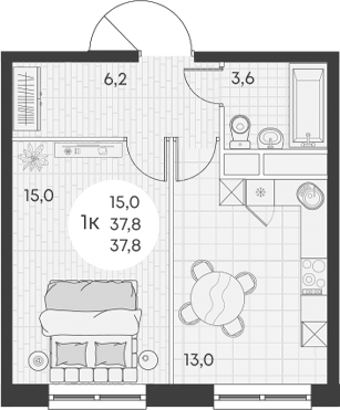 Планировка — Green Apple, 1-комн., 38 м²