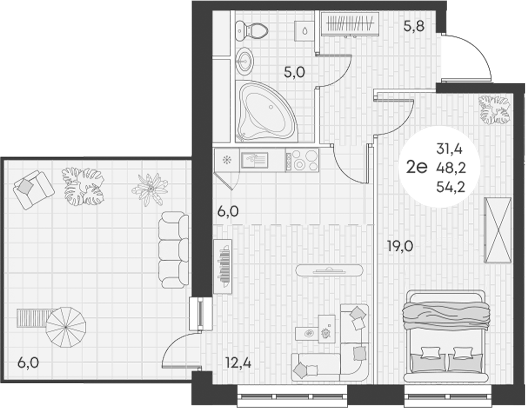 Планировка — Green Apple, 2-комн., 48 м²