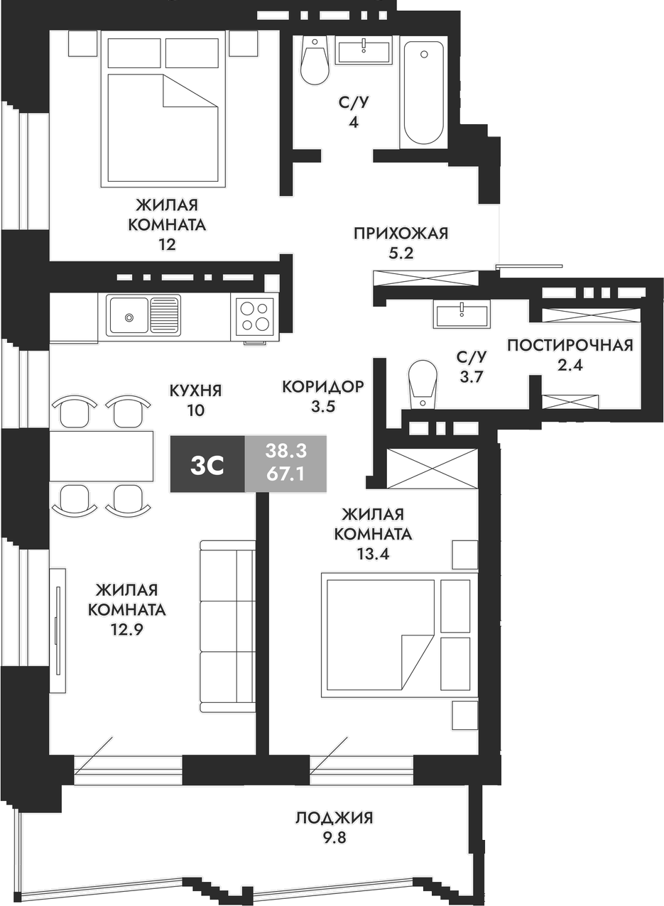 Планировка — Паскаль, 3-комн., 67 м²
