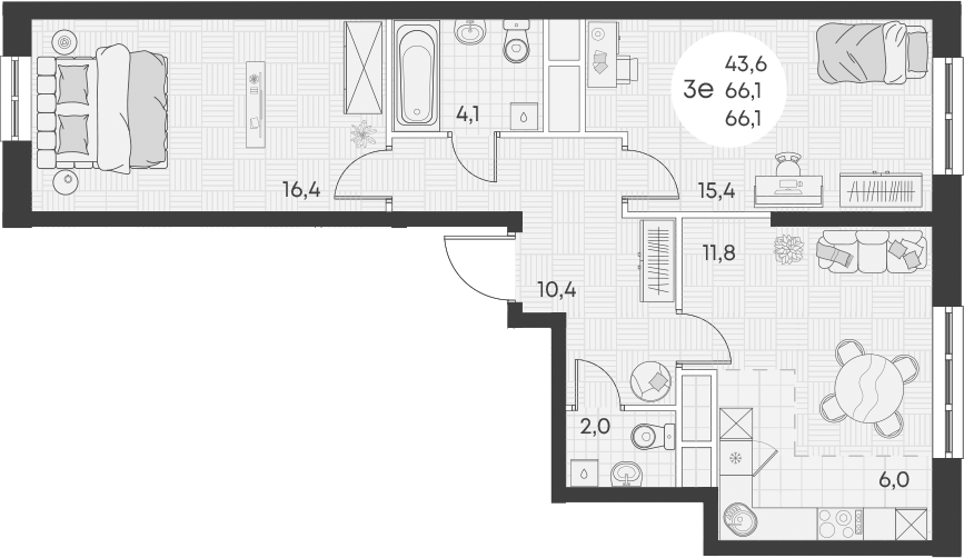 Планировка — Green Apple, 3-комн., 66 м²