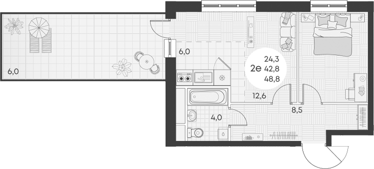 Планировка — Green Apple, 2-комн., 43 м²