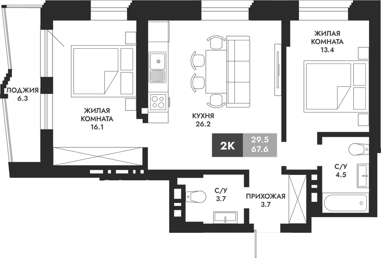 Планировка — Паскаль, 2-комн., 68 м²