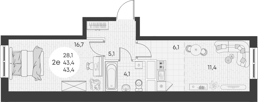Планировка — Green Apple, 2-комн., 43 м²