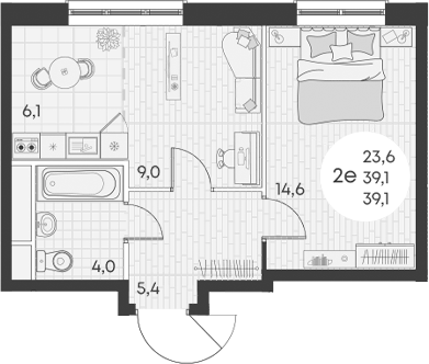 Планировка — Green Apple, 2-комн., 39 м²