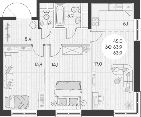 Планировка — Green Apple, 3-комн., 64 м²