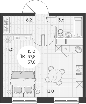 Планировка — Green Apple, 1-комн., 38 м²