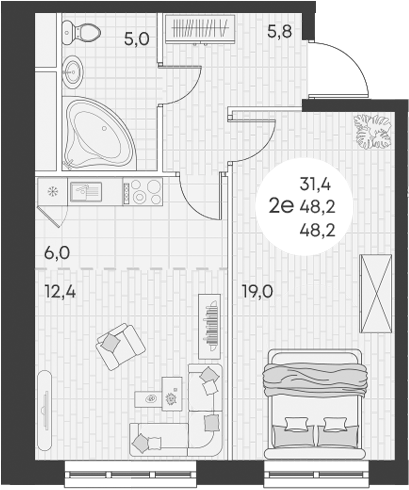 Планировка — Green Apple, 2-комн., 48 м²