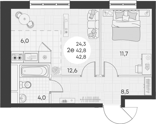 Планировка — Green Apple, 2-комн., 43 м²
