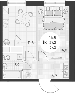 Планировка — Green Apple, 1-комн., 37 м²