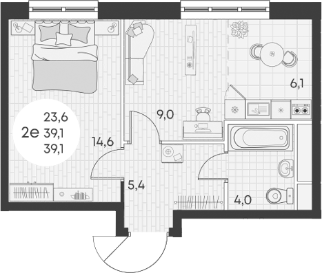 Планировка — Green Apple, 2-комн., 39 м²