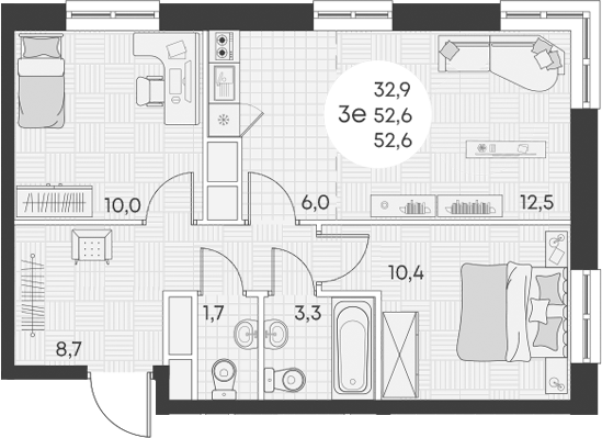 Планировка — Green Apple, 3-комн., 53 м²