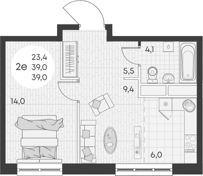 Планировка — Green Apple, 2-комн., 39 м²