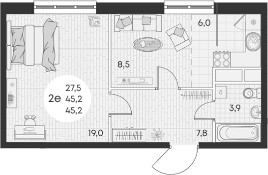 Планировка — Green Apple, 2-комн., 45 м²