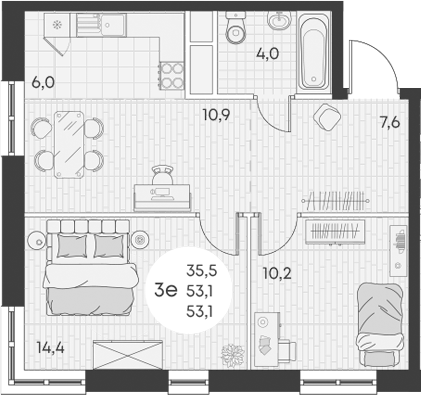 Планировка — Green Apple, 3-комн., 53 м²