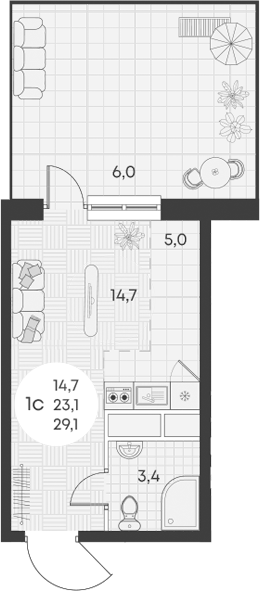 Планировка — Green Apple, Студия, 23 м²