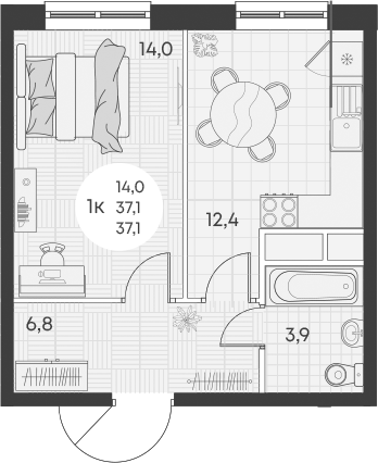 Планировка — Green Apple, 1-комн., 37 м²