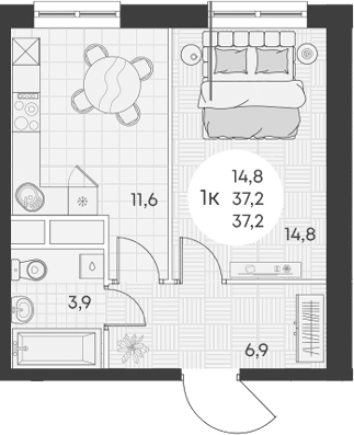 Планировка — Green Apple, 1-комн., 37 м²