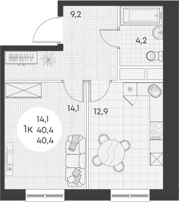 Планировка — Green Apple, 1-комн., 40 м²