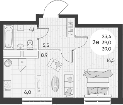 Планировка — Green Apple, 2-комн., 39 м²
