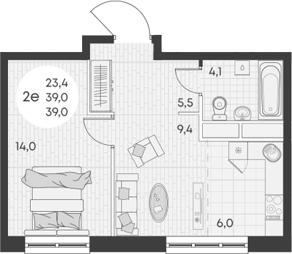 Планировка — Green Apple, 2-комн., 39 м²